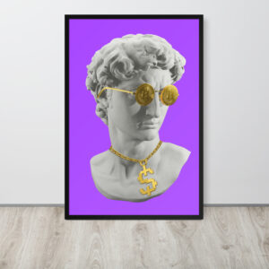 Póster Enmarcado de Escultura Hipster con Bitcoin y Dólar con marco negro