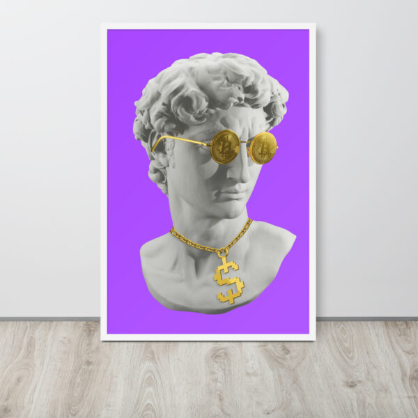 Póster Enmarcado de Escultura Hipster con Bitcoin y Dólar con marco blanco