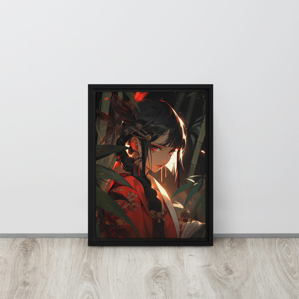 Lienzo Enmarcado: La Dama de Rojo en el Bosque de Bambú con marco negro